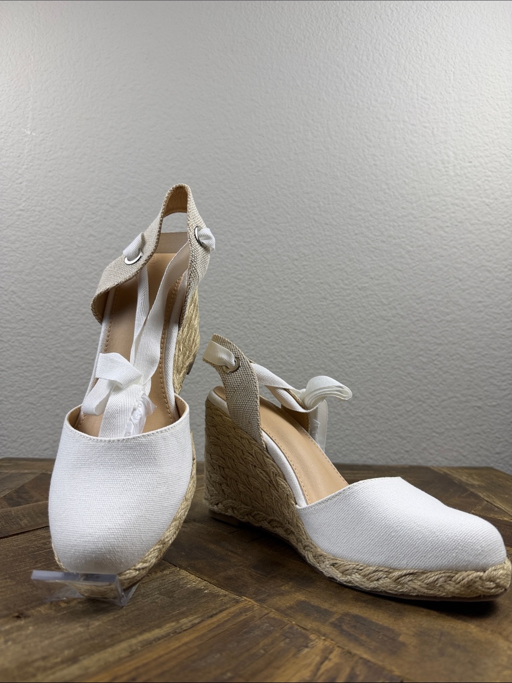 Size 8 Women’s White Espadrille Wedge Sandals with Ankle Wrap